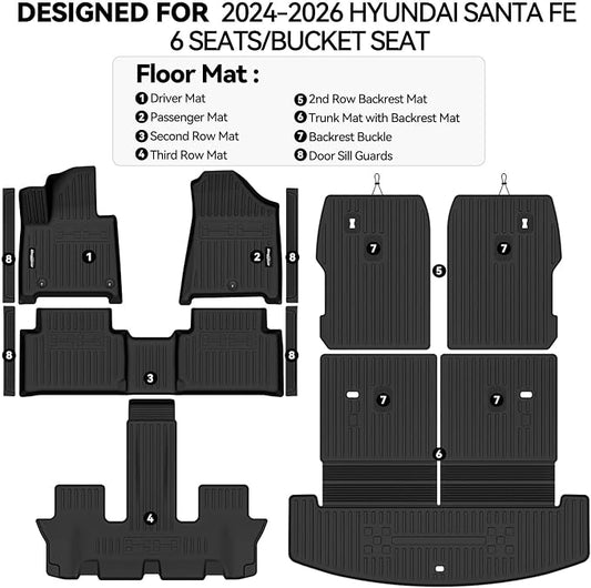 Floor Mats for 2024 2025 2026 Hyundai Santa Fe 6 Seats/Captain Seat, Trunk Mat with Backrest Mat & Door Sill Guard All Weather TPE Protector for Hyundai Santa Fe Accessories