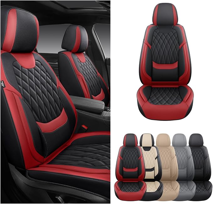 FREESOO Front Seat Covers for Cars - Ultra Breathable Waterproof Faux Leather Car Seat Cover Protectors with Lumbar Support, Universal Fit for Most 5 Seats Vehicles Sedans Hatchbacks Pickup, Black Red