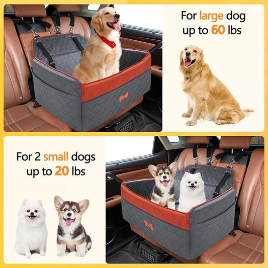 Dog Car Seat for Medium Large Dogs, Detachable Washable Pet Booster Seat with Memory Foam Cushion, Side Pockets, 2 Clip-On Safety Leashes Pet Car Seat for Dog Up to 60 lbs/2 Small Dogs-Grey