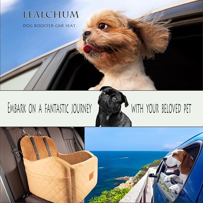 Lealchum Dog Booster Car Seat for Small/Medium Dogs,Ultra Soft Fabric Filling Memory Foam,Fully Detachable and Washable,Anti-Slip Base,3 Straps Easy to Install(Coffee,Medium)