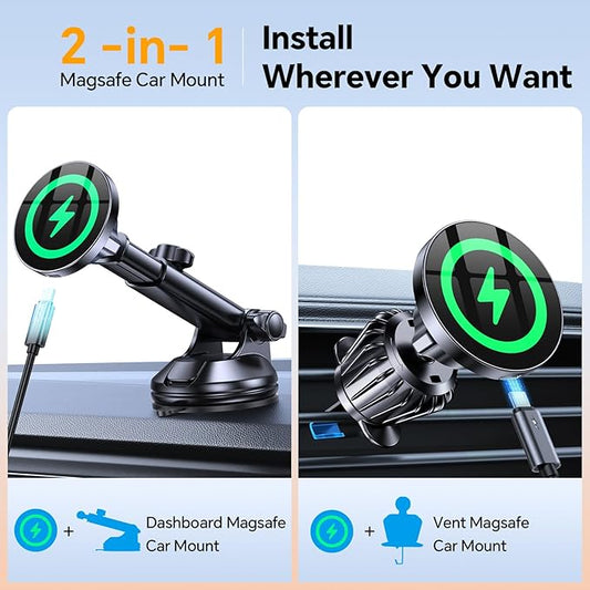 Coolpow for MagSafe Car Mount Charger【Ultra Magnet】Magnetic Phone Holders for Your Car Charger Magnetic Wireless Car Phone Holder Charger Car Accessories for Women Cell Phone Mount for iPhone 17 16 15