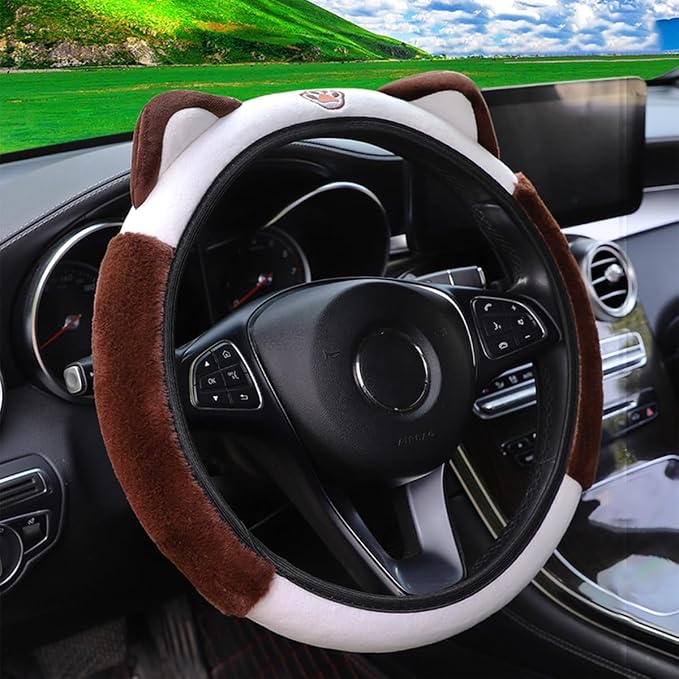 Bittwee Car Steering Wheel Cover, Fluffy Soft Plush for Winter Warm, Cute Steering Wheel Protector with Kitty Cat Ears, Universal 15 Inch, Elastic & Anti-Slip, Lovely Decor Car Accessories (Coffee)