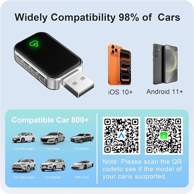 Wireless CarPlay Adapter for Apple & Android Auto, Convert Wired to Wireless,Plug & Play Auto-Connect, No Delay, BT 5.4, 2.4G/5G WiFi