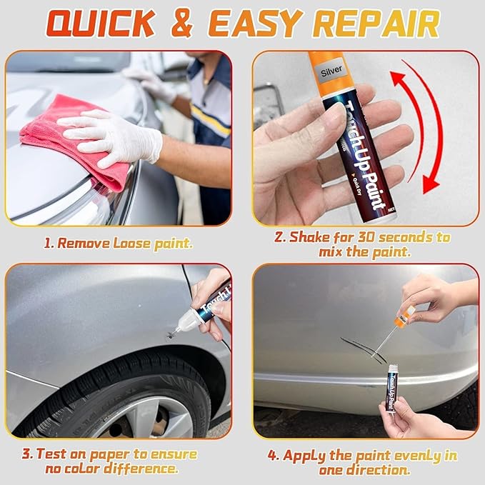 Touch up Paint Pen for Cars, 2-in-1 Car Paint Scratch Repair Pen with Metal Tip and Brush, Quick & Easy Solution to Repair Minor Automotive Scratches, 0.8 fl oz, Silver