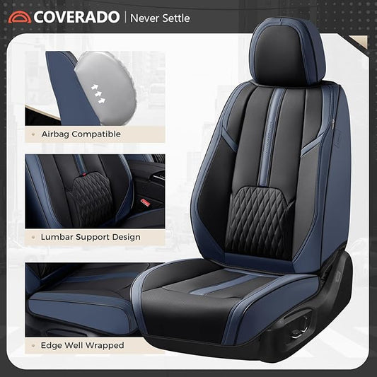 Coverado Front Seat Covers, 2 PCS Luxury Leather Seat Covers with Lumbar Support, Universal Seat Cover for Cars, Car Seat Protector Waterproof, Automotive Seat Cushions Fit for Most Cars (Blue&Black)