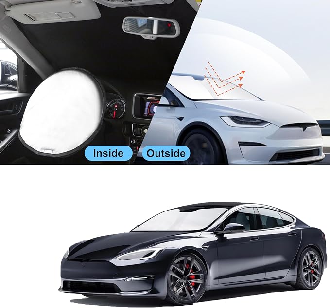 TINGLU Sun Shade for Tesla Model S (Fit Long Range/LR Model) 2012-2025 2026 Accessories Windshield Sun Shade Window Shade UV Rays Protection Sun Visor Cover with Steering Wheel Sunshade Storage Bag