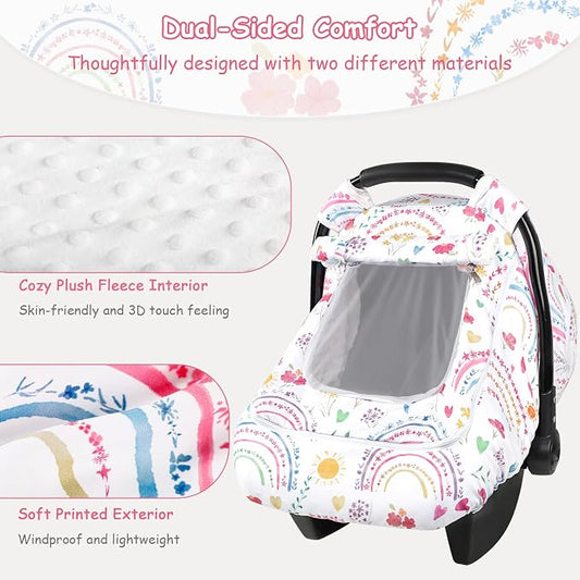 Winter Car Seat Cover Baby with Sunshade & Dual Zipper Windows - Minky Bubble Lined Windproof Soft Shell, Warm Newborn Car Seat Canopy Covers, Elastic Bottom for Stroller & Infant Car Seat, Rainbow