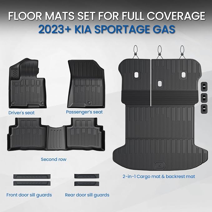 Floor Mats for Kia Sportage Gas 2026 2025 2024 2023(Not Fit PHEV & Hybrid), All Weather TPE Trunk Mat Cargo Liner with Backrest Mats & Door Sill Guards Car Mat Accessories