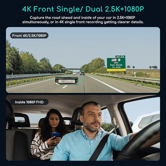 COOAU D30S 4K Dash Cam with GPS Wi-Fi, Front and Inside Dual 2.5K 1080P, Uber Car Camera with Infrared Night Vision, Supercapacitor, 4 IR LEDs, G-Sensor, Parking Mode, Loop Recording