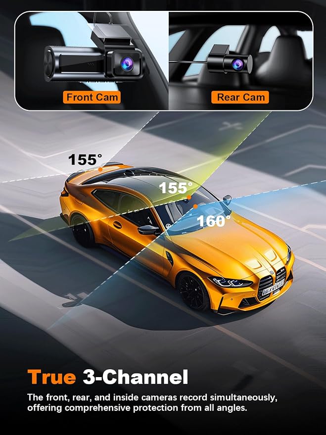 4K 3 Channel Dash Cam Front and Rear Inside, Built-in 5.8GHz WiFi GPS, 64GB Card Included, 4K+1080P+1080P Dash Camera for Cars, 3.18'' IPS Screen Dashcam with G-Sensor, 24H Parking Monitor