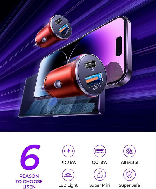 LISEN 2-Pack USB C Car Charger Adapter Fast Charge, 48W All Metal Cigarette Lighter USB Charger for iPhone 15 Smallest Flush Car Charger USB C for iPhone 14 Pro Max 13 12 Galaxy S23/22 iPad Pro-Red | Cigarette Lighter USB Charger, Car Accessories for M...