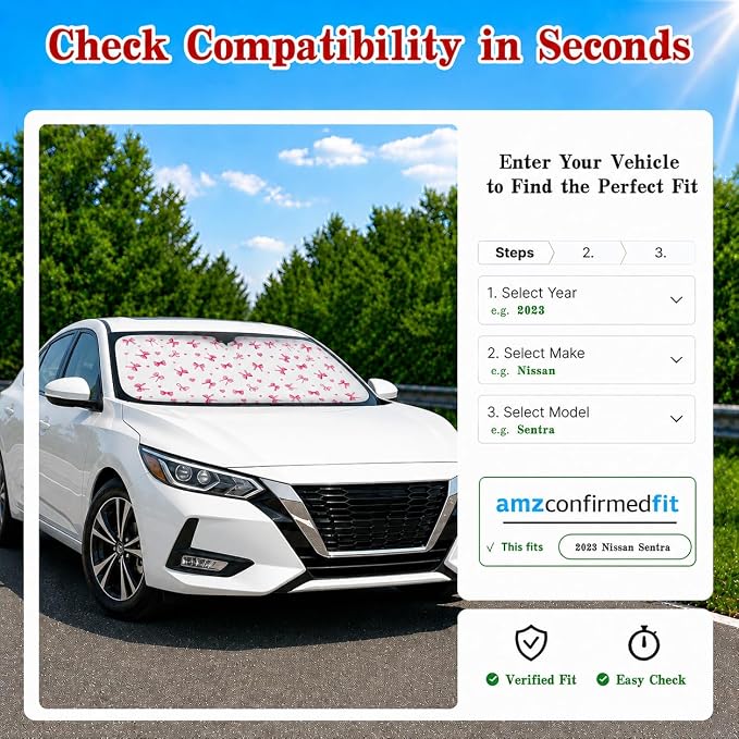 Car Windshield Sun Shade with Cute Heart Bow, Foldable Front Window Sunshade Universal Fits Sedan Compact Car Hatchback SUV, UV Heat Protection - 59 x 27.5