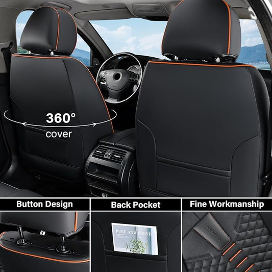 Coverado Automotive Seat Covers, Car Seat Covers Front Seats, Nappa Leather Black Orange Car Seat Cover, Waterproof Seat Cushion, 2 Pack Front Seat Covers Driver Seat Protector Fit for Most Cars SUV