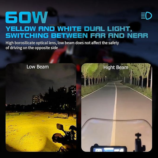 Motorcycle Auxiliary LED Light Driving Spotlights White/Amber Fog Lights with Mount Brackets Wire Harness Waterproof Offroad Work Lights Compatible with Motorcycle J-eep Car Truck 60W Driving Lamps