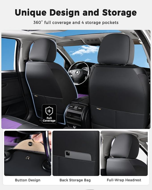 Huidasource Black Purple Front Seat Covers, Universal Fit for Most Cars SUV Trucks, Full Coverage Nappa Leather Seat Cover, Airbag Compatible, Velcro Adjustable, Seat Function Retain