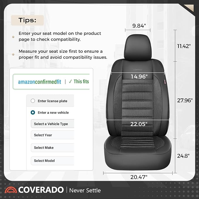 Coverado Car Seat Covers Full Set, Luxury Leather Car Seat Covers, Automotive Front and Rear Mesh Seat Covers, Full Set 5 Seats, Black Seat Covers for SUV Sedan Truck