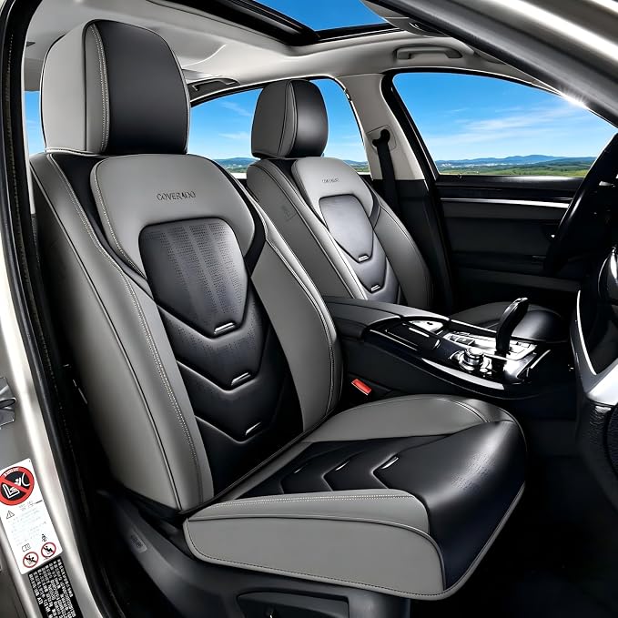 Coverado Front Seat Cover, 2 PCS Leather Seat Cover for Cars, Automotive Seat Cover, Waterproof Car Seat Protector, Driver Seat Cover Car Seat Cushion Universal Fit for Most Cars, Gray&Black