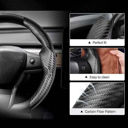 Canvcle Steering Wheel Cover for Tesla Model 3/Y 2016-2025 2026 Highland/Juniper Accessories Carbon Fiber Steering Wheel Cover Protector Non-Slip, Comfortable, Breathable, Model 3/Y Accessories, Black