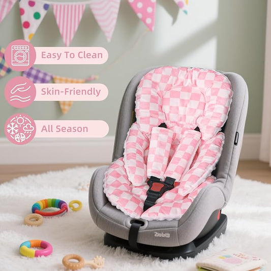 Infant Car Seat Insert Cushion, Baby Car Seat Head Body Support for Girls & Boys, Reversible Newborn Car Seat Insert with 2 Extra Strap Paddings, Premature Car Seat Cushion, Pink Checkerboard