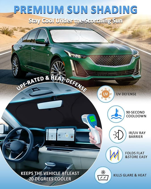 Windshield Sun Shade for Cadillac CT5 2020-2024 2025 2026, Custom-Fit CT5 Sun Visor Protector, 99% UV Block Heat Sun Shield, Silver Reflective Front Window Sunshade