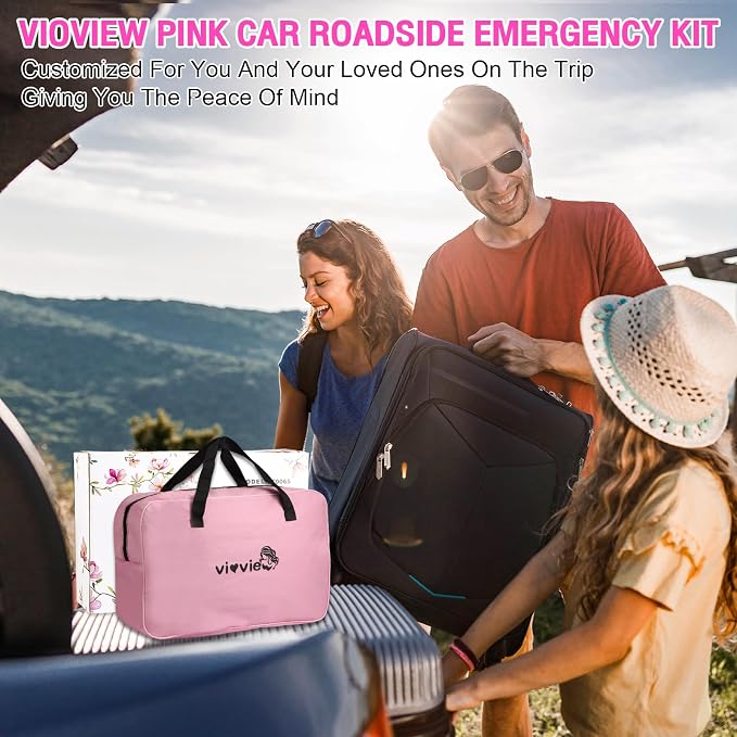 Roadside Emergency Car kit for Vehicles, with 4 in 1 Inflatable Car Vacuum Cleaner, Pink Jumper Cables, First Aid Kit, Tow Rope, Vehicle Road Trip Must Haves Pink Accessories for Women