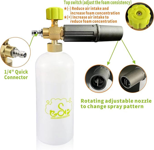 ESP Foam Cannon 1L Car Wash Foam Sprayer with 1/4" Quick Connector, 5 Nozzle Tips for Pressure Washer