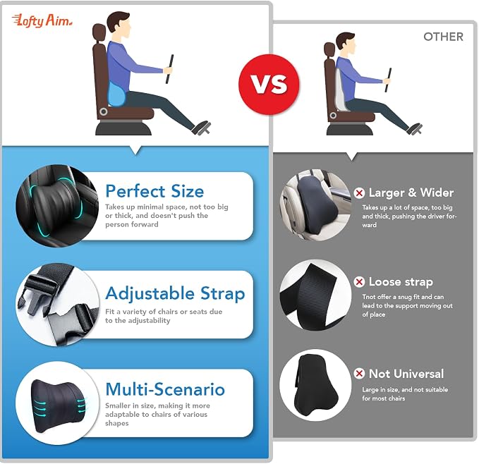 Lofty Aim Lumbar Support Pillow for Car, Memory Foam Lumbar Pillow for Lower Back Pain Relief - Back Cushion for Driving, Chair Support for Car-Office Chair, Wheelchair - Classic Black