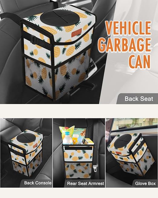 Pritent Car Trash Can with Lid, Cute Leakproof Car Trash Garbage Bag Hanging Vehicle Trash Bin Small Portable Automotive Garbage Cans Organizer for Back/Front Seat(Trapezoid,Pineapple Print