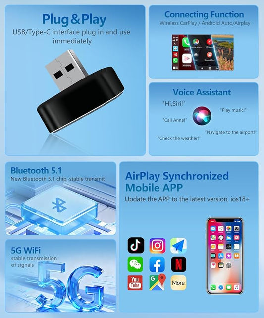 VQU 3 in 1 Mini Wireless Carplay Adapter for Phones, Carplay/Android Auto for Adapter, Bluetooth 5.0,Plug & Play,USB/Type-C Connection,iOS10+ / Android 11 (Black)