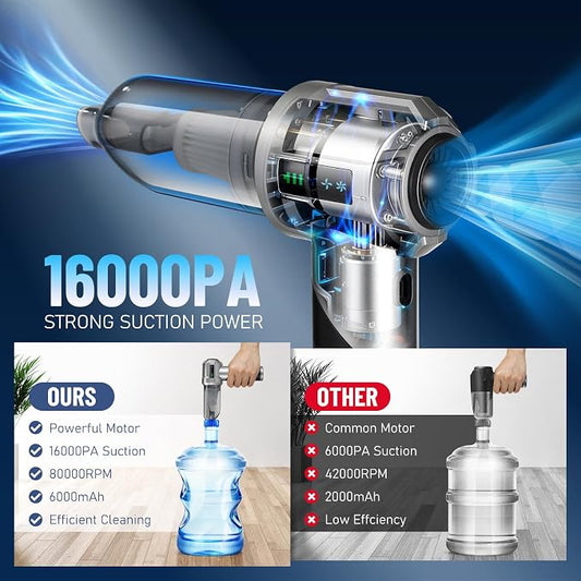 HONEYEYEAR Handheld Vacuum Cleaner, 16000Pa Car Vacuum Cleaner Cordless, 4-in-1 Powerful Car Hoover, 80000 RPM Brushless Motor, 30 Min Runtime, 3 Speed, USB-C Charging, for Home Pet Hair Cleaning