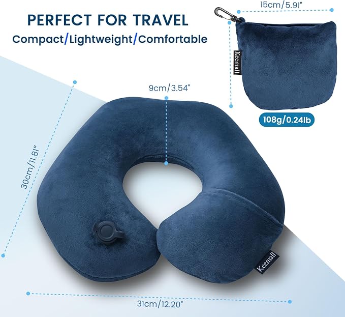 Keemall Travel Neck Pillow for Airplane, Compact Inflatable Neck Pillow for Traveling Long Flights, Adjust Firmness Neck Suport Pillow for Sleeping Plane Head Rest for Travel Accessories,Deep Blue