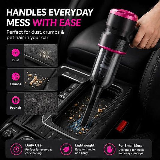 Handheld Car Vacuum Cleaner, 4-in-1 Cordless Rechargeable Mini Vacuum with Air Duster – Quickly Clean Crumbs, Pet Hair & Crevices in Car, Office, Home. Ideal for Commuters & Office Workers (Pink)