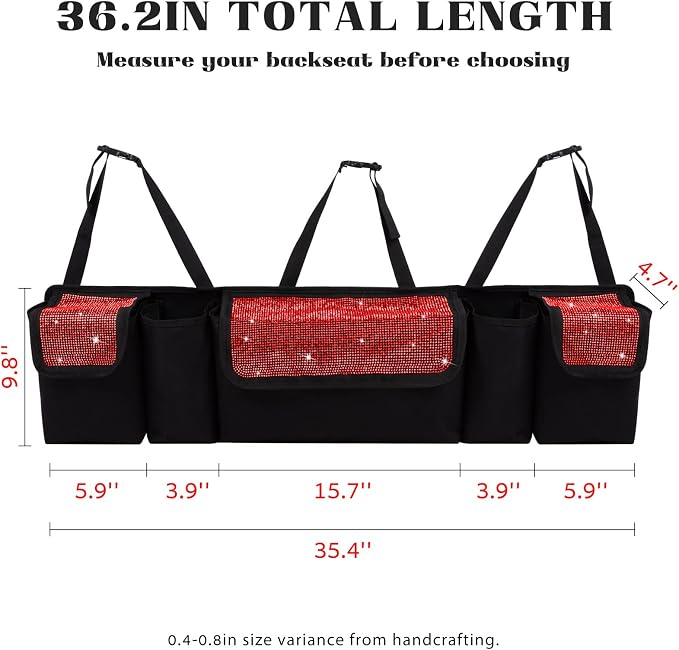 eing Car Trunk Organizer and Storage, Backseat Hanging Organizer for SUV, Truck, MPV, Waterproof, Collapsible Cargo Storage Bag with 5 Pockets, Bling Car Interior Accessories for Women,Red