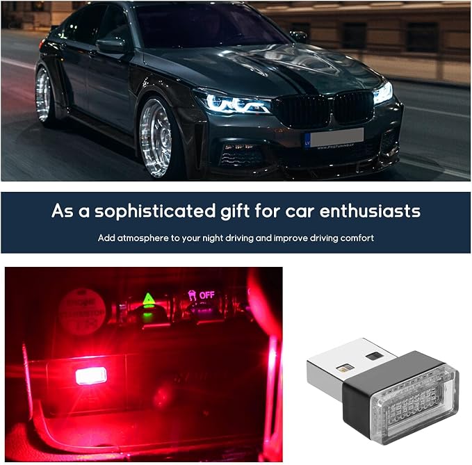Dickno 4 PCS USB LED Car Interior Atmosphere Lamp, Portable Mini LED Night Light, Plug-in USB Interface Trunk Ambient Lighting Kit, Universal Vehicle Interior Accessories (White+Red)