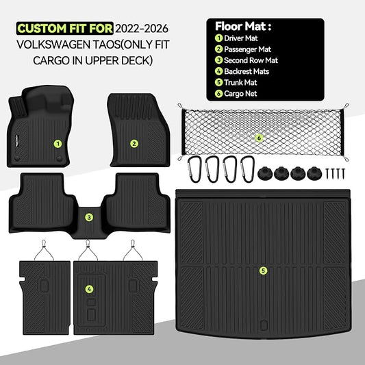 Tongama-Floor Mats for 2022-2026 Volkswagen Taos AWD(Only Fit Cargo in Upper Deck Position), All Weather TPE Trunk Mat and Backrest Mats Protectors and Cargo Net for VW Taos Floor Liner Accessories