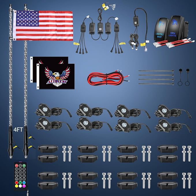 Nilight 2PCS 4FT RGB LED Whip Light with Spring Base and 8 PCS Rock Lights Combo, Remote App Control w/DIY Chasing Patterns Turn Signal Brake Reverse Antenna Lighted Whips for ATV UTV Polaris RZR Jeep