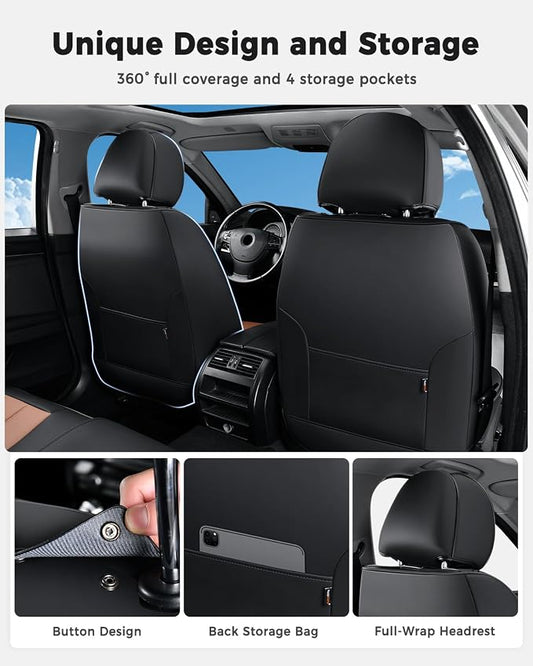 Huidasource Front Seat Covers, Universal Fit for Most Cars SUV Trucks, Full Coverage Leather Seat Cover, Airbag Compatble, Seat Function Retain, Storage Pocket Design, Easy to Install, Black & Brown
