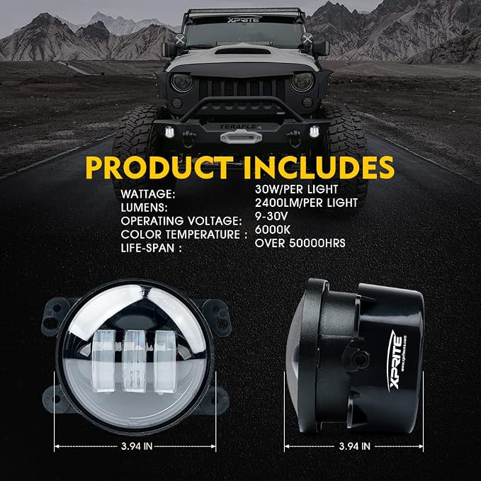 Xprite 4-Inch LED Fog Lights 60W High-Intensity Off-Road Fog Lamp for Driving, DOT Approved Replacement Compatible with 2007-2018 Jeep Wrangler JK JKU