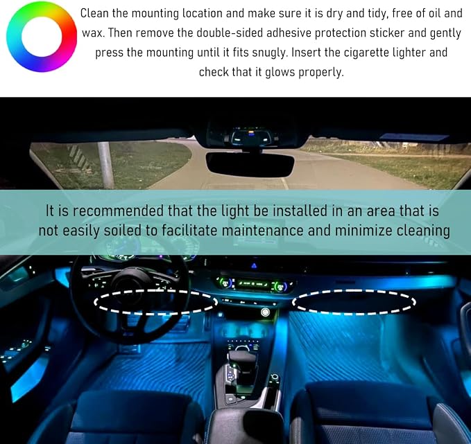 Yourkar Car LED Strip Light, 24 LED Interior Under Dash Atmosphere Lights with Cigarette Lighter, Vehicle Decor Lamp Ambient Night Light Strip Lighting, Universal Car Accessories (Ice Blue)