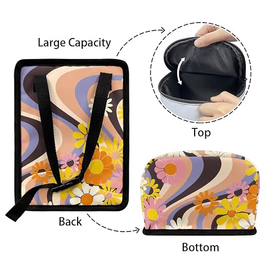 Boho Flower Hippie Daisy 70S 80S Wavy Swirl Y2K Aesthetic Car Accessories for Women Car Trash Can for Back of Seat Leak Proof Garbage Can with Lid and Zipper Collapsible Trash Bin Hanging