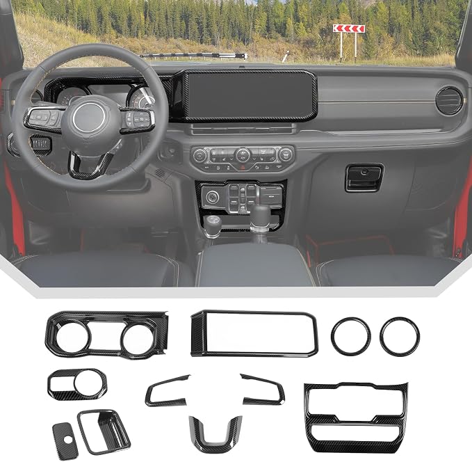 JeCar 11pcs Black Carbon Fiber Interior Trim Kit for 2024 2025+ Jeep Wrangler JL JLU Gladiator JT