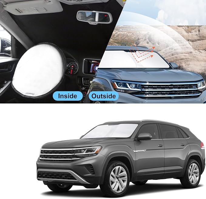 TINGLU Sun Shade for Volkswagen Atlas VW Atlas Cross Sport 2018-2025 2026 Accessories Windshield Sun Shade Window Shade UV Rays Protection Sun Visor Cover with Steering Wheel Sunshade Storage Bag