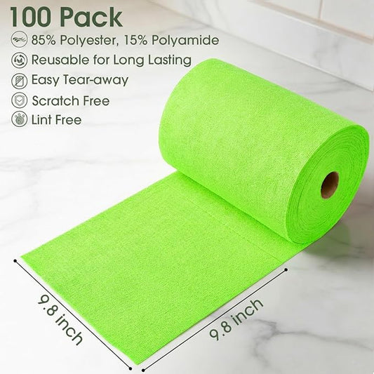 Microfiber Cleaning Cloth Roll - 100 Pack Tear Away Microfiber Paper Towels, Reusable, Washable, Scratch-Free, Kitchen Towels for Car, Home, Kitchen, Glass, Dishes (Neon Green)