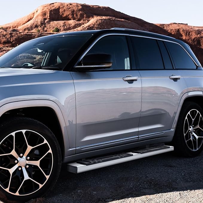 PM PERFORMOTOR 6.5" Running Boards Compatible with 2011-2023 Jeep Grand Cherokee Dodge Durango, Pair of Stainless Steel Side Rails Step Bars with 4 Pcs Brackets, Polished Chrome/Black