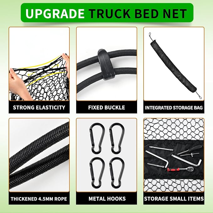 Truck Bed Cargo Net, Universal Fit for Ford F150, Chevy Silverado, GMC Sierra, Heavy Duty Storage Net with Bag