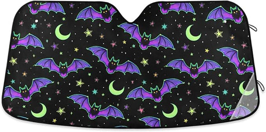 Neon Bats Moons Stars Windshield Sun Shade for Car Auto SUV Truck Foldable Front Window Sunshade Sun Visor Protector Block UV Rays Reflect Heat, 55" x 28"
