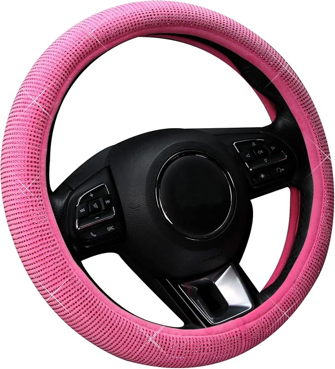 Valleycomfy Steering Wheel Cover for Women Bling Bling Crystal Diamond Sparkling Car SUV Wheel Protector Universal Fit 15 Inch (Rose,Standard Size(14" 1/2-15" 1/4))