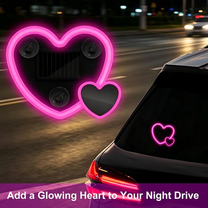 Rechargeable Solar-Powered Wireless Double-Heart LED Light for Car Interior Decorations, with 6 Lighting Modes and Vibration Sensor, Romantic Ambient Gift for Couples/Women/Men, Pink, 1 Pcs