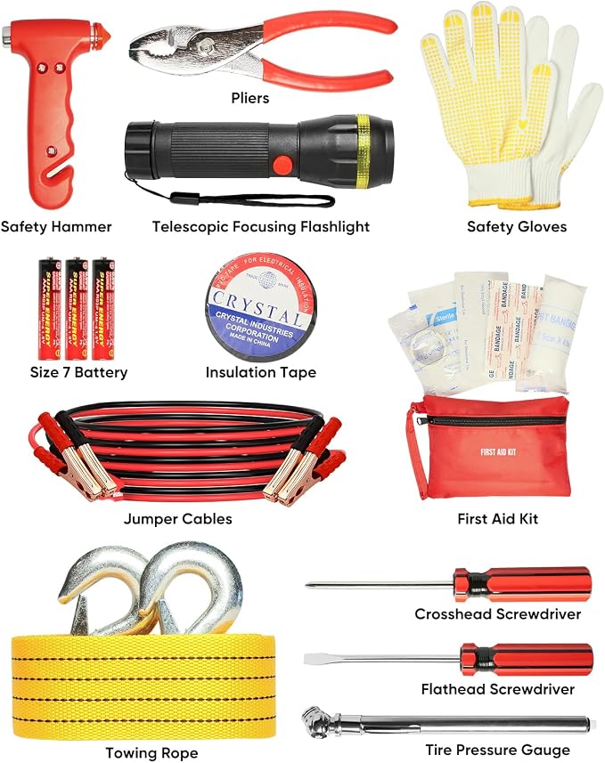 Car Emergency Kit, Roadside Emergency Car Kit with Warning Light Reflective Triangle, Jumper Cable, Tow Strap, Flashlight, First Aid Kit, Tire Pressure Gauge, Safety Hammer Car Tool Kit
