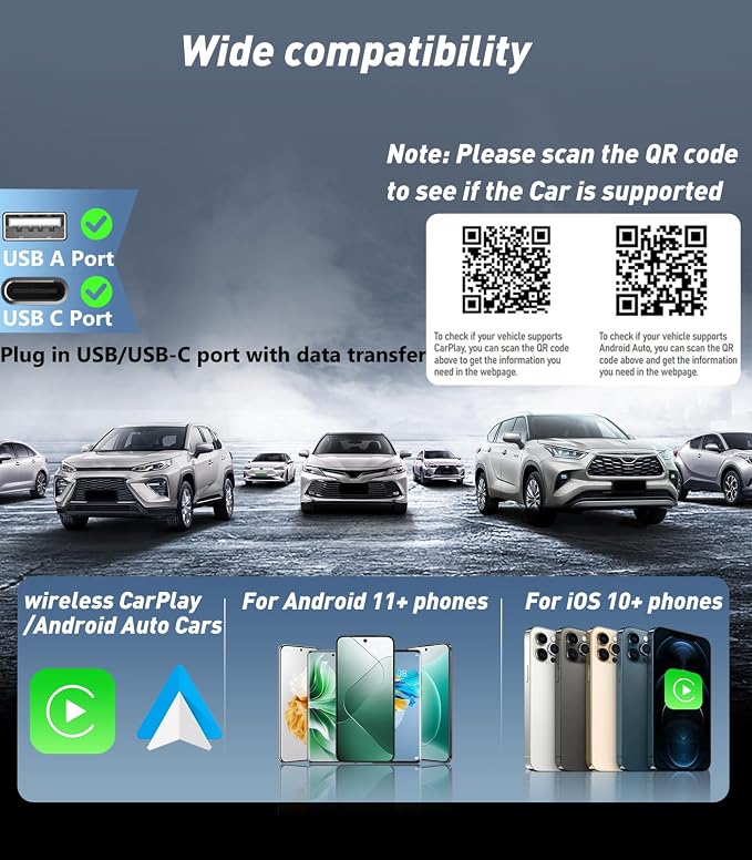 Wireless CarPlay Adapter for iPhone(2025 Upgraded),Mini Size & Plug - Play,Converts Wired to Wireless Apple CarPlay,No Delay Carplay Dongle for Apple iOS 10+/Android 11+ and Above